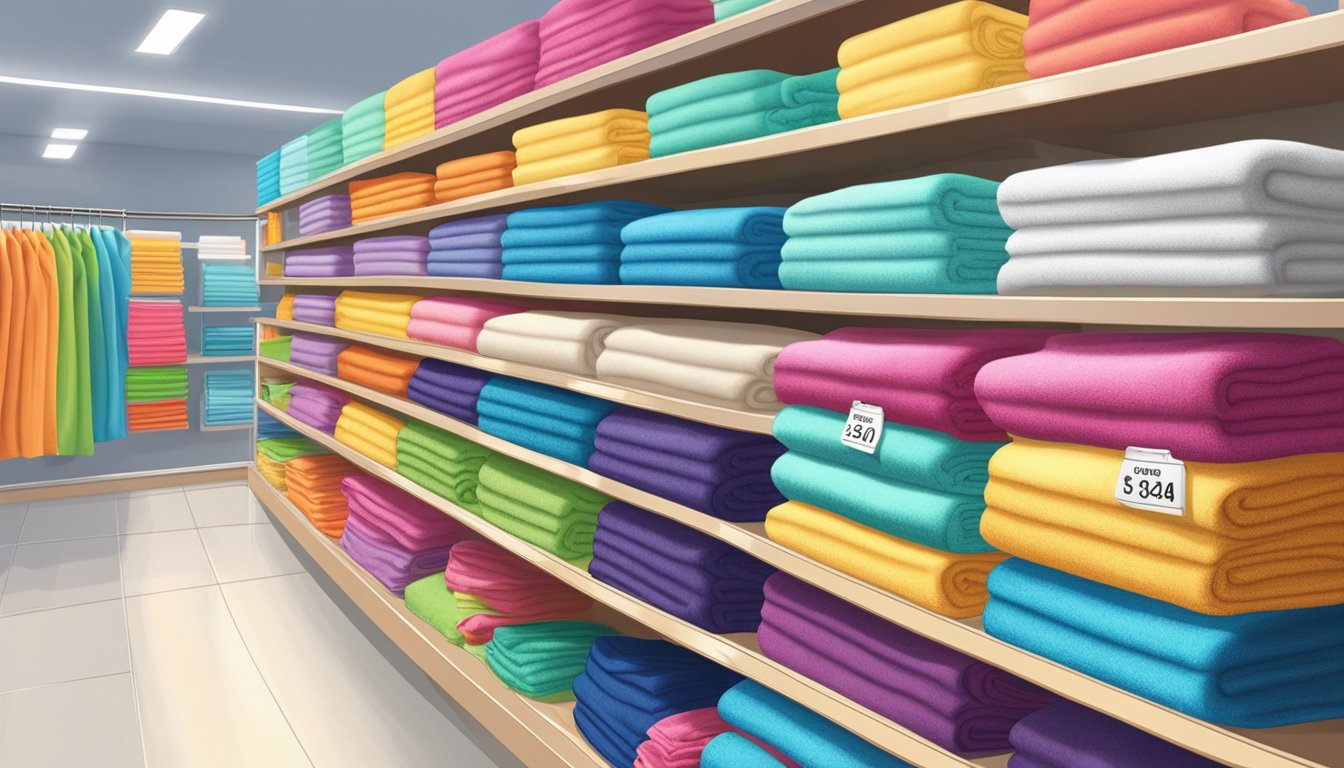 A shelf displaying colorful microfiber towels with price tags in a store in Singapore