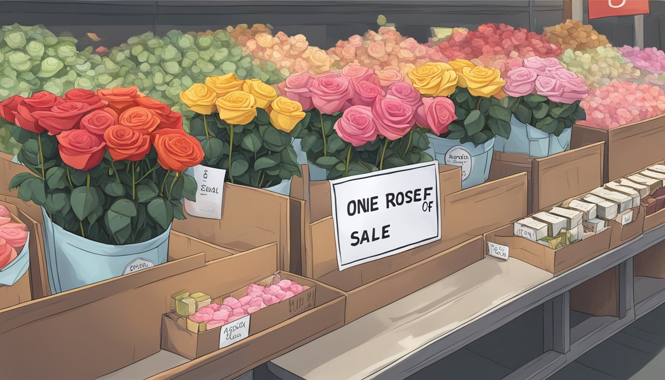 A small, single rose displayed in a Singaporean market, with a sign reading "One Stalk of Rose for Sale" prominently placed