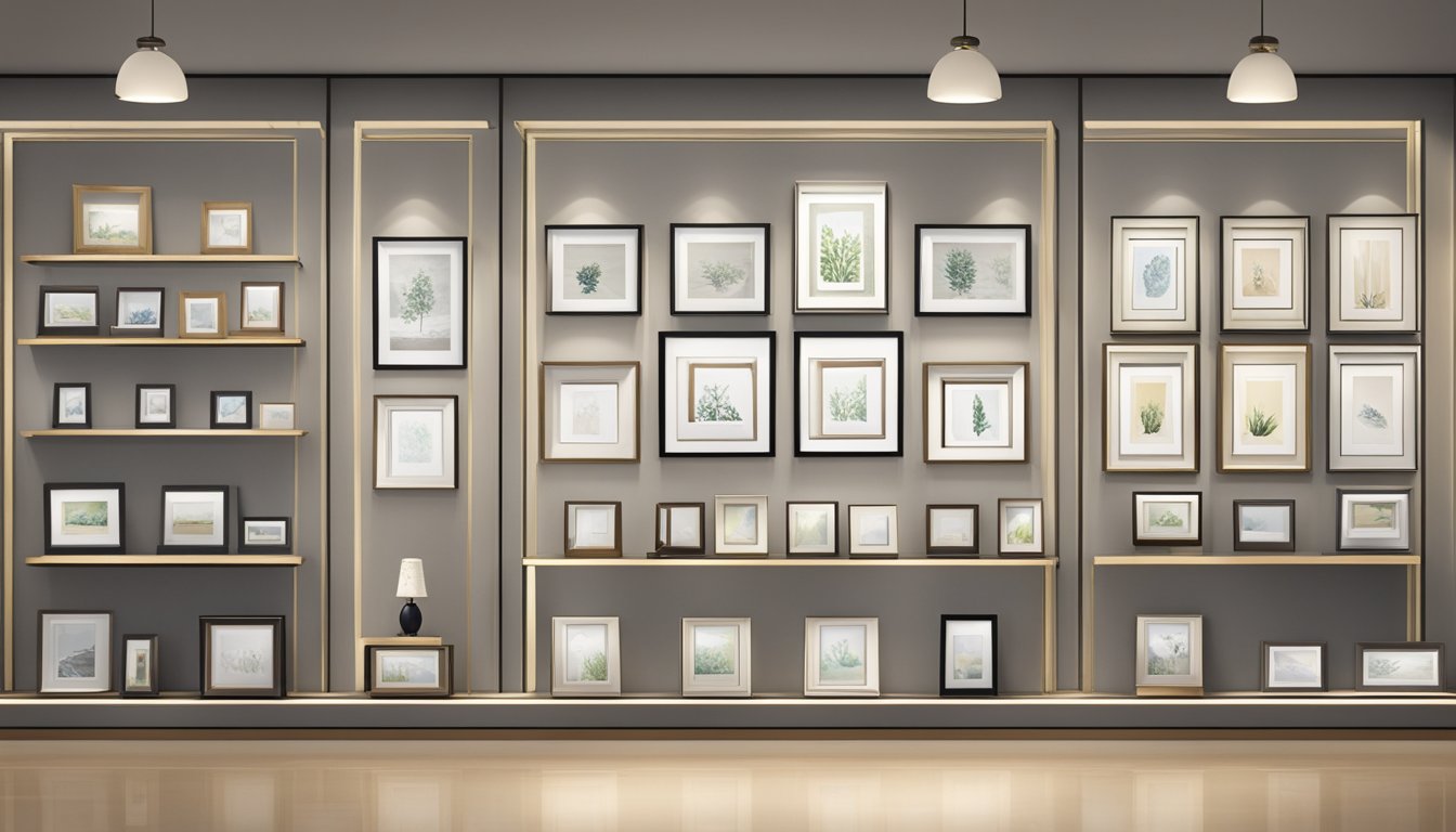 A display of elegant picture frames in a well-lit Singaporean store. Various sizes and designs are showcased on sleek shelves