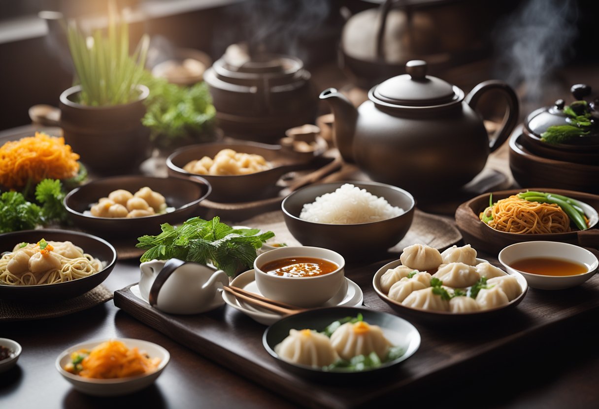 A table adorned with steaming dumplings, stir-fried noodles, and fragrant rice dishes. A teapot and cups sit nearby, surrounded by colorful ingredients and traditional Chinese cooking utensils