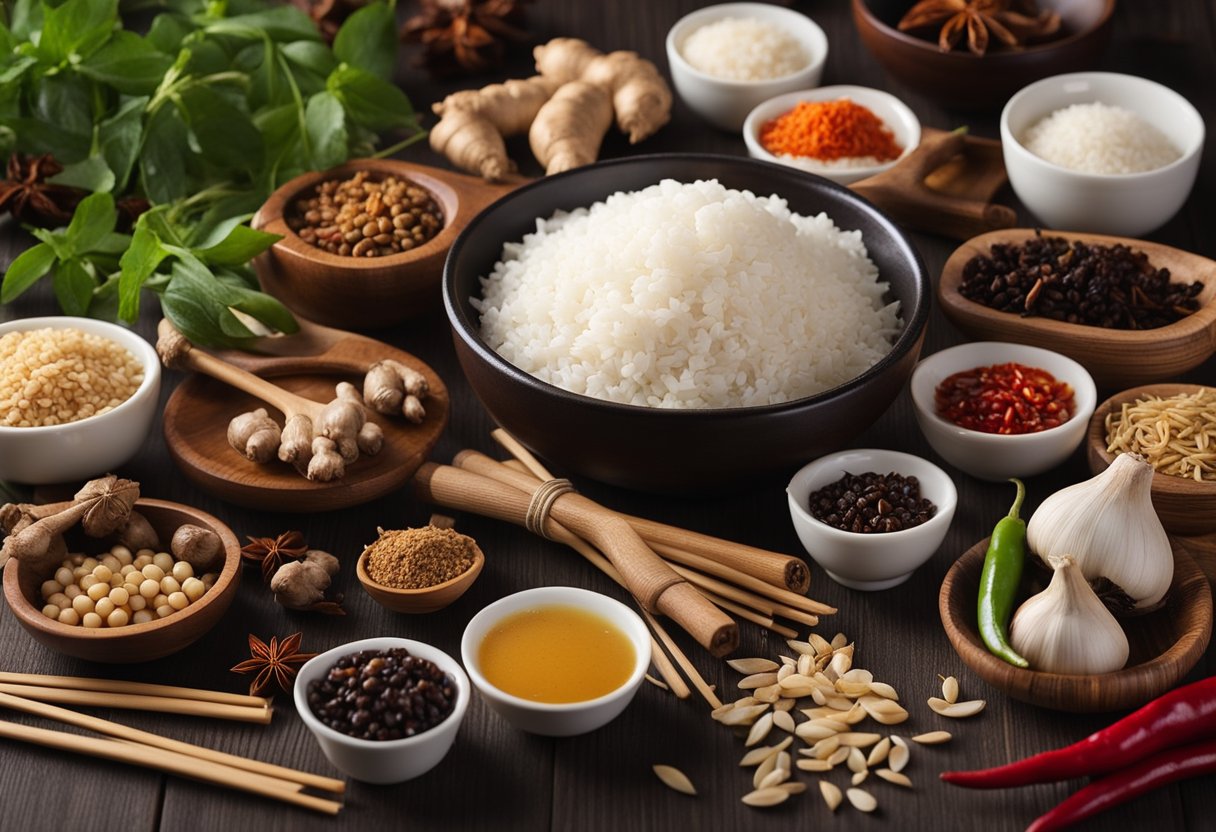A table with various Chinese cooking ingredients: soy sauce, ginger, garlic, star anise, and chili peppers. A wok, rice, and chopsticks nearby