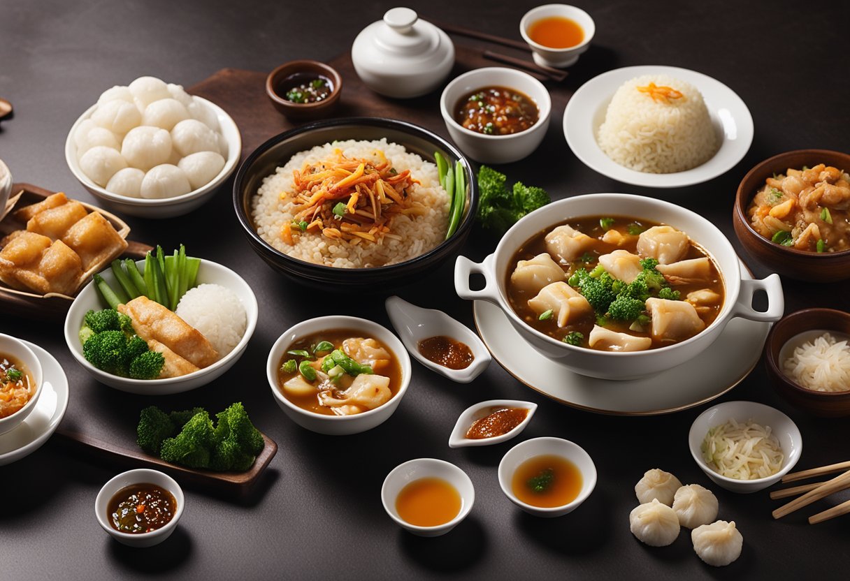 A table set with steaming bowls of hot and sour soup, savory dumplings, crispy Peking duck, and fragrant fried rice