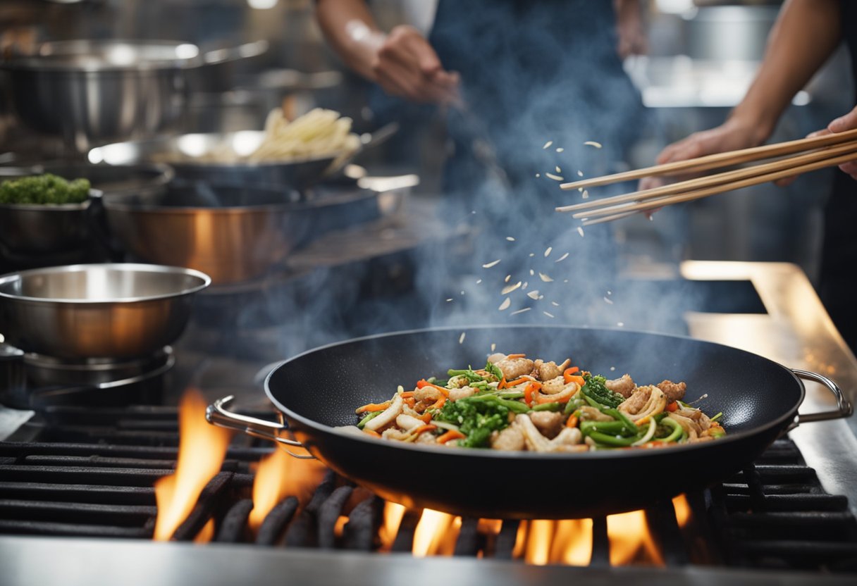 A wok sizzles over a high flame as ingredients for traditional Chinese dishes are stir-fried with precision and speed. Steam rises, filling the air with fragrant aromas of ginger, garlic, and soy sauce