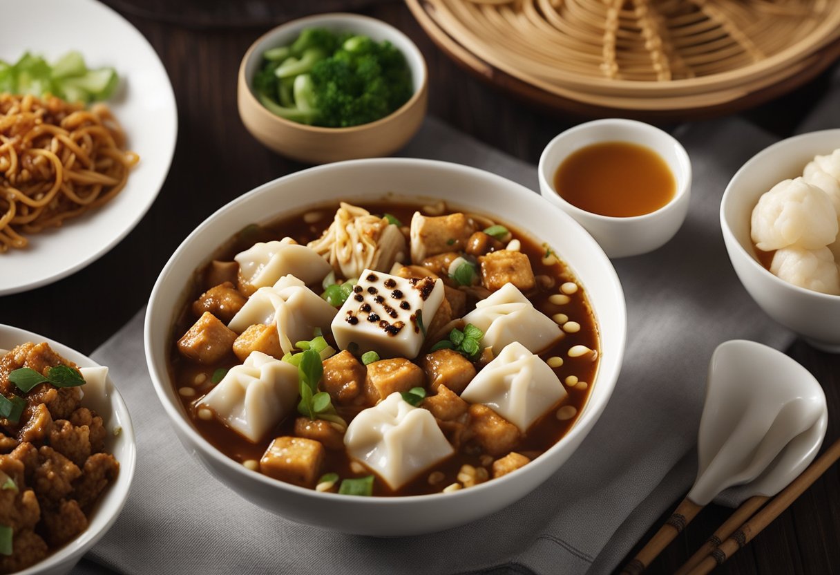 A table set with steaming bowls of mapo tofu, stir-fried noodles, and dumplings. Chopsticks rest on delicate porcelain plates, while the aroma of ginger and soy fills the air