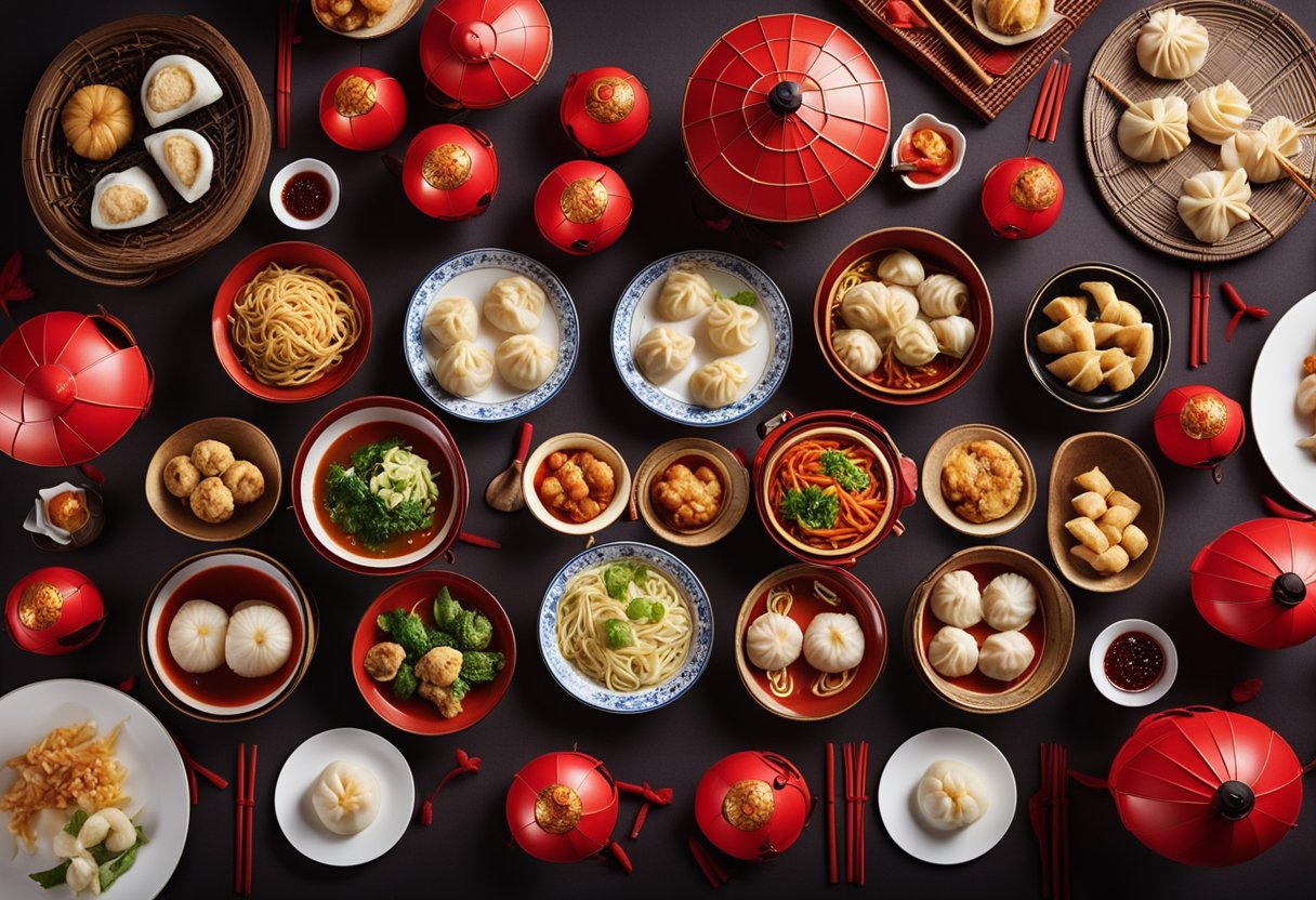 A table filled with traditional Chinese dishes, including dumplings, noodles, and steamed buns, surrounded by red lanterns and decorative paper cutouts