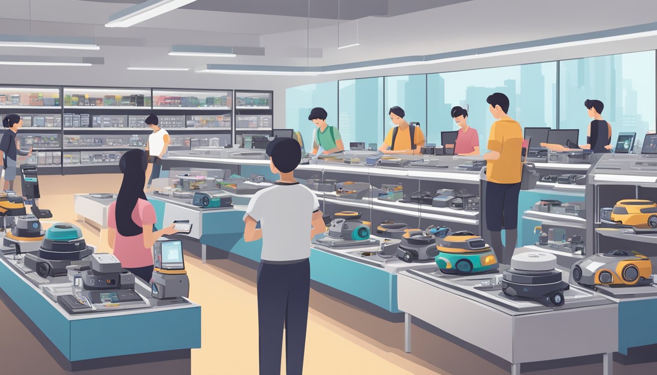 A bustling electronics store in Singapore showcases a variety of robot vacuums on display, with customers browsing and comparing different models