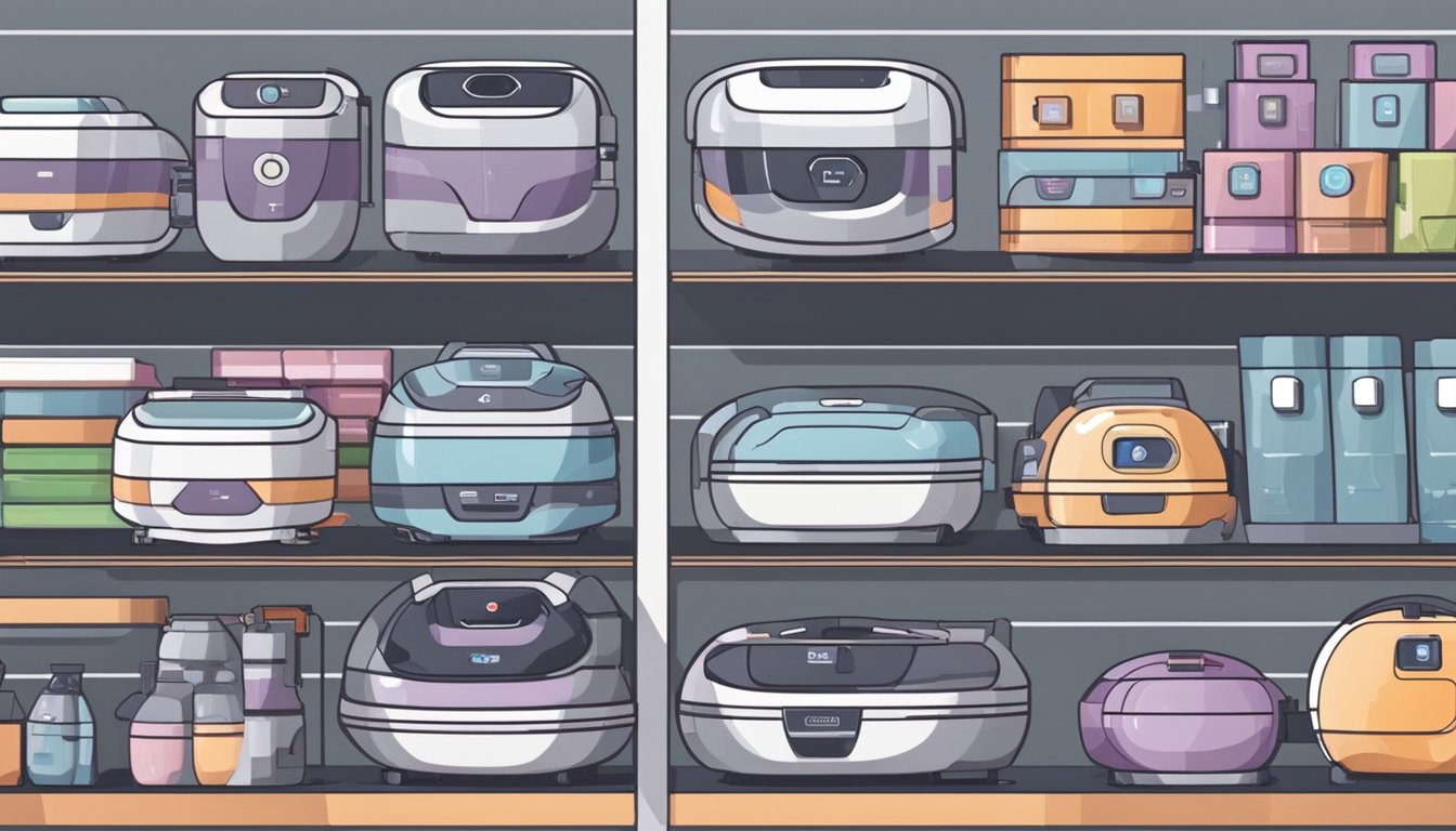 A variety of robot vacuum models are displayed on shelves in a store in Singapore. Customers are browsing and comparing different features and prices