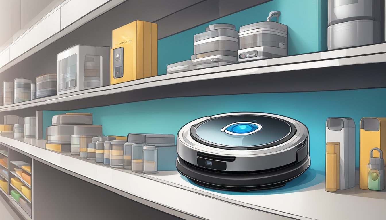 A robot vacuum cleaner displayed on a store shelf in Singapore