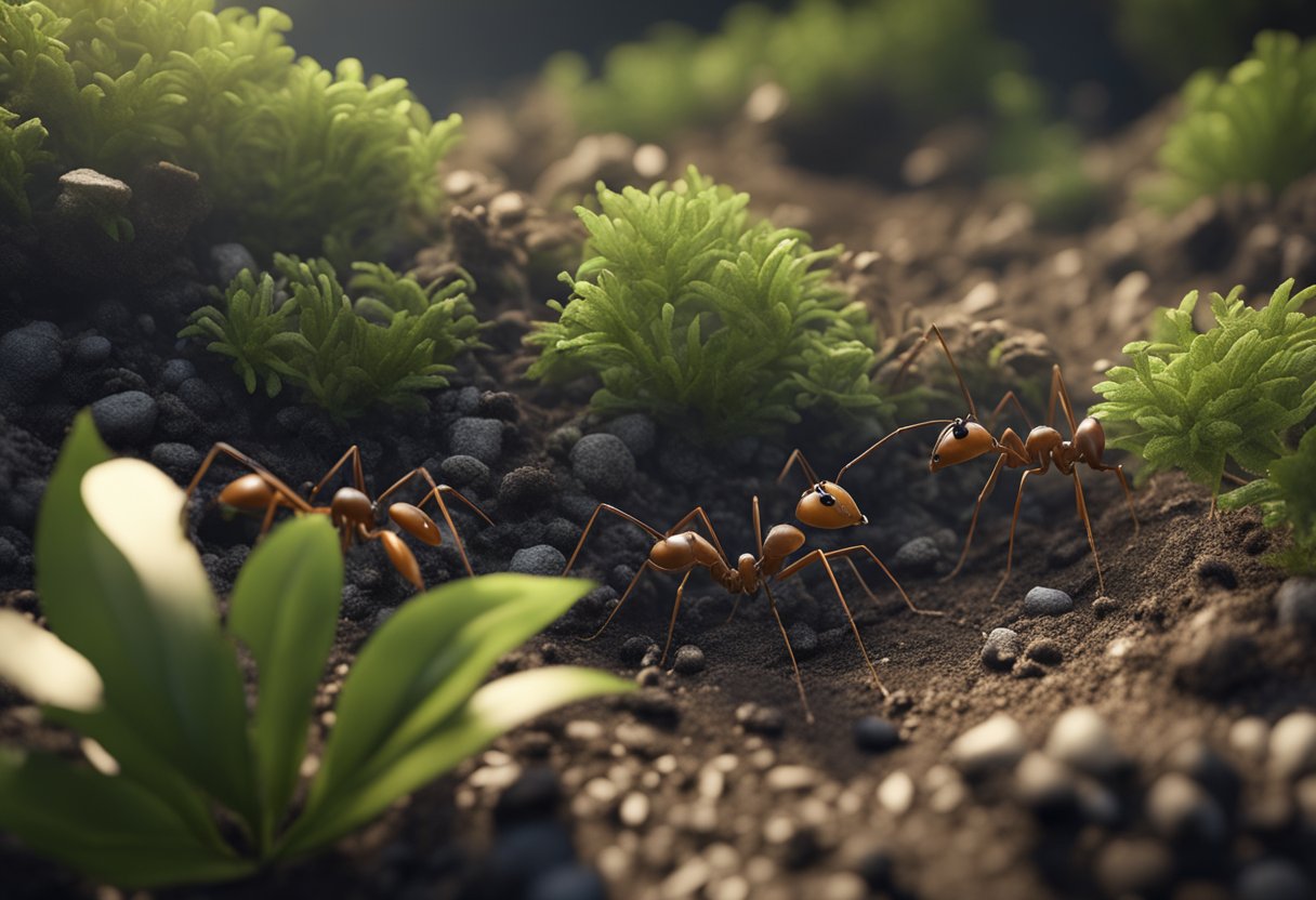 Ants foraging around plants, carrying food to their intricate underground habitats. Plant roots intertwine with ant tunnels, showing a symbiotic relationship