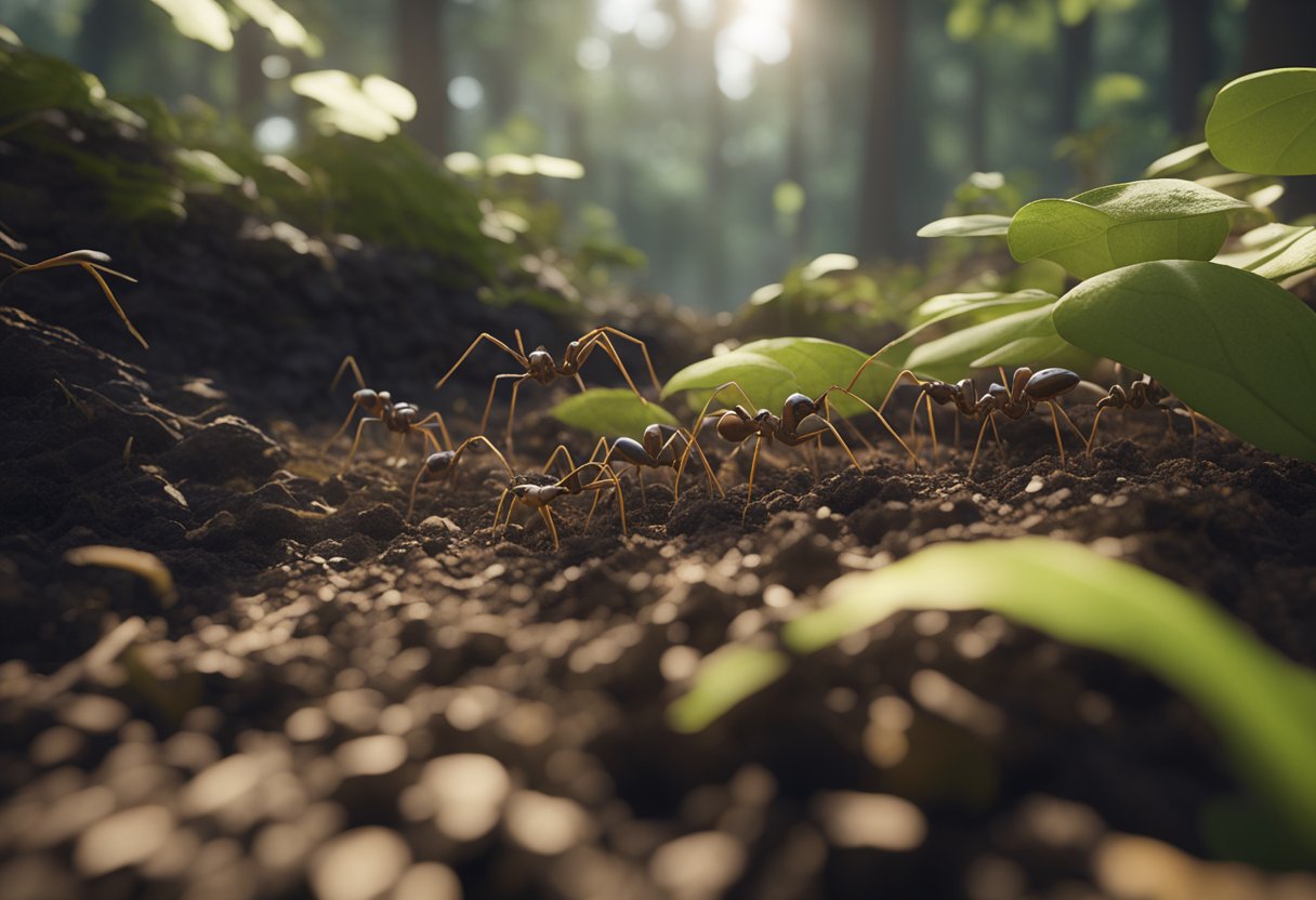 Ants crawl among leaf litter, soil, and plant roots. They indicate soil health and biodiversity. Their habitats are crucial for ecosystem balance