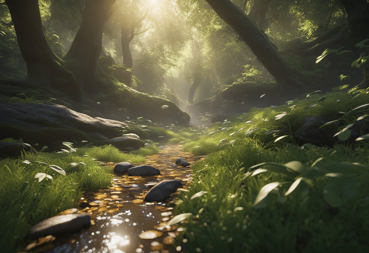 Ants crawl through a lush forest floor, weaving between fallen leaves and twigs. Sunlight filters through the canopy, casting dappled shadows on the ground. A small stream gurgles nearby, providing a source of water for the industrious