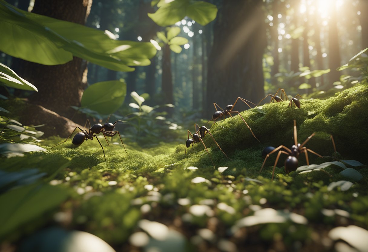Ants crawl through a lush forest floor, carrying leaves and twigs to build their intricate habitat. Sunlight filters through the canopy, illuminating the bustling activity below