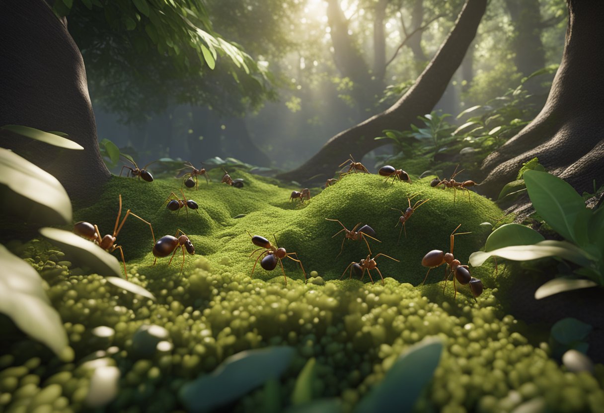 Ants explore a leafy forest floor, carrying food back to their nest, while others work diligently to build intricate tunnels and chambers underground