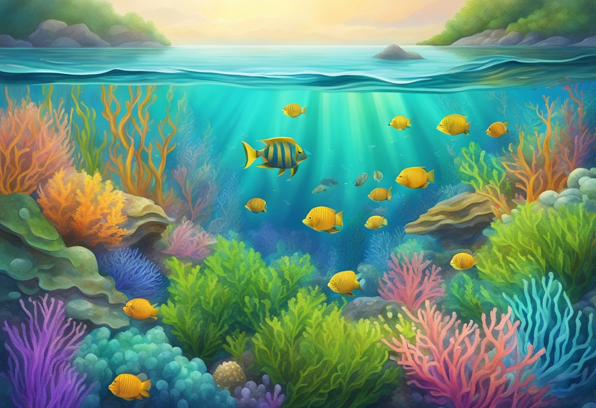 A vibrant ocean scene with green sea moss floating in crystal clear water, surrounded by colorful marine life