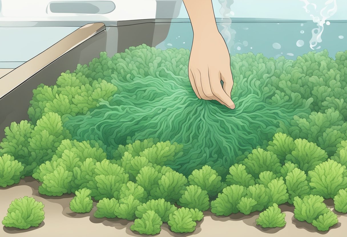 Green sea moss being harvested from the ocean floor, washed, and prepared for culinary use