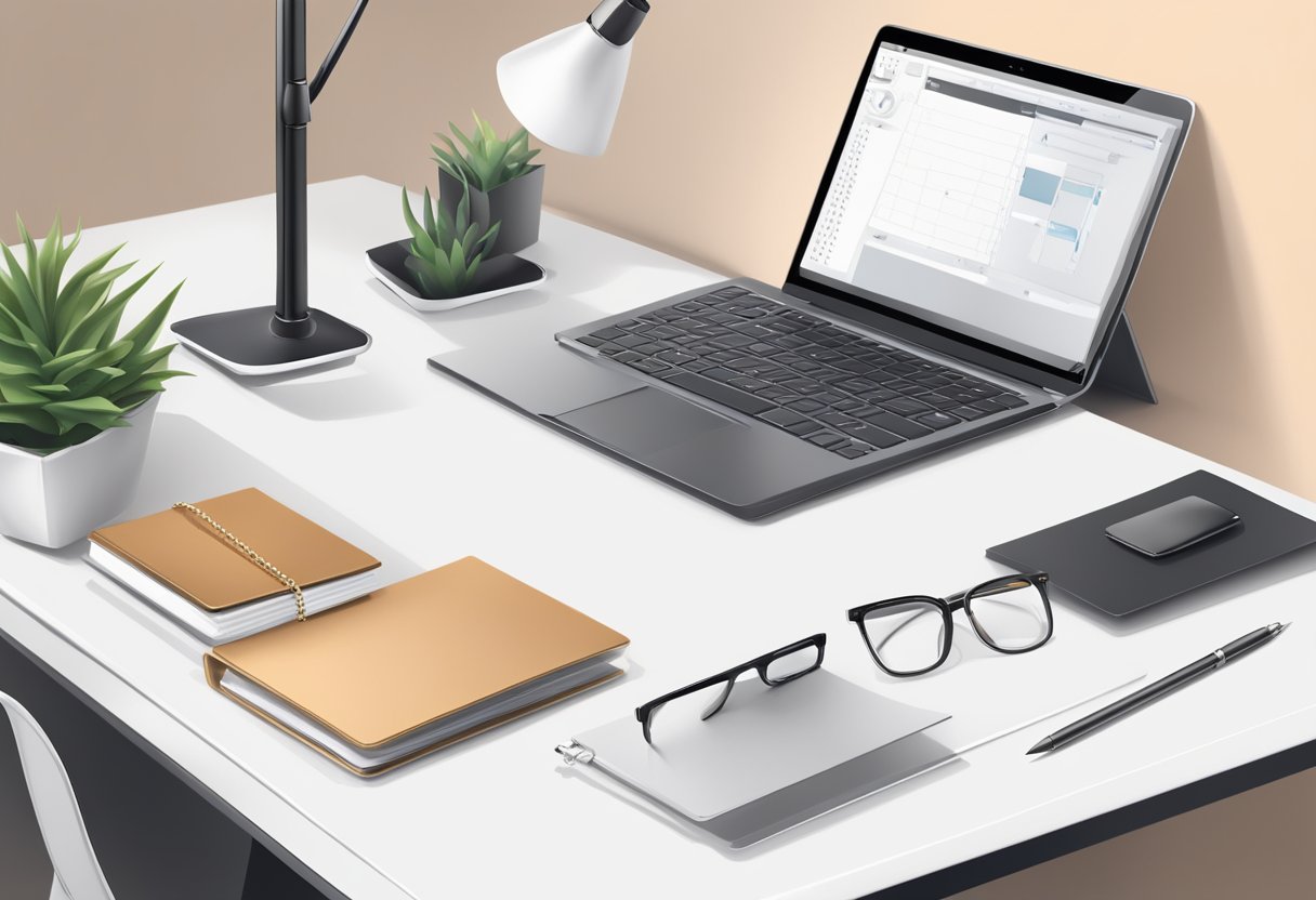 A sleek desk with a laptop, notebook, and pen. A simple necklace and stud earrings on a jewelry stand. Clean, modern workspace