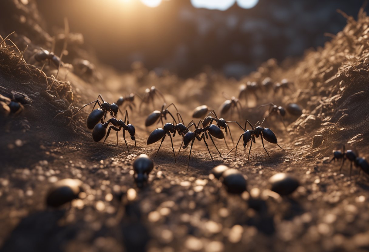 Ants in a confined space, struggling with heat, humidity, and lack of resources. Some show signs of dehydration, others exhibit aggression and stress-related behaviors