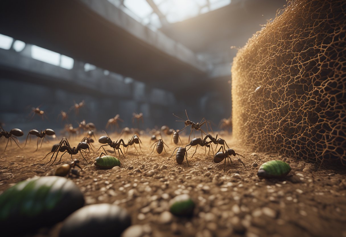 Captive ant colonies exhibit common health issues. The scene depicts ants in an enclosed space, showing signs of illness or deformities