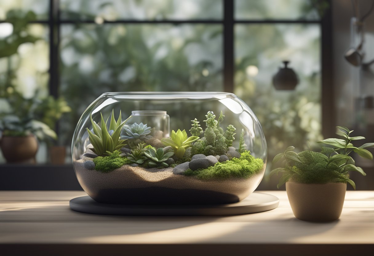 A glass terrarium with soil, plants, and small tunnels. Ant food and water dispensers, magnifying glass, and a small brush for cleaning