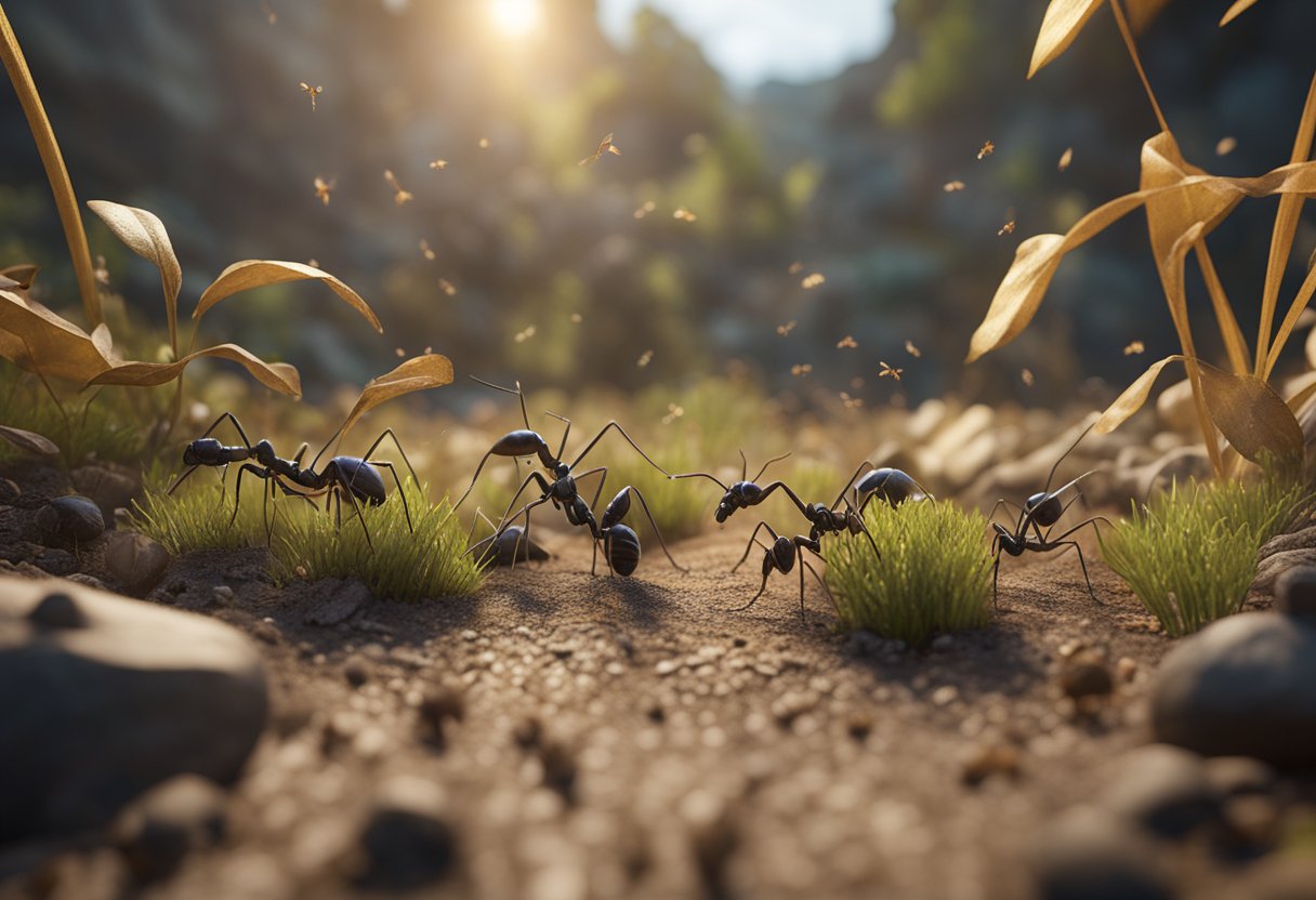 Ants navigate through a cluttered habitat, removing debris to create clear pathways. The scene shows ants actively clearing their environment