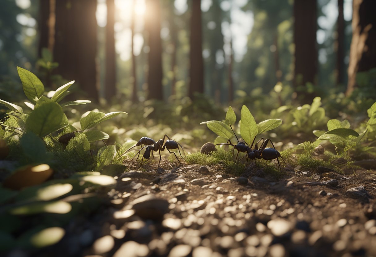 Ants scurry as debris is removed from their habitat. Sunlight filters through the trees, casting shadows on the forest floor