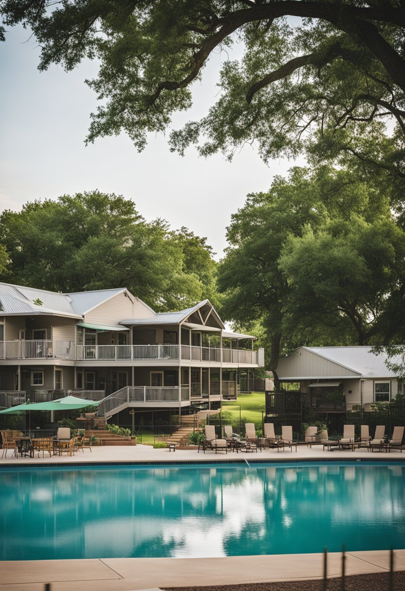 Camp Fimfo Waco RV Parks: lush greenery surrounds modern amenities, including a sparkling swimming pool, playground, and picnic areas, all nestled in the heart of Waco