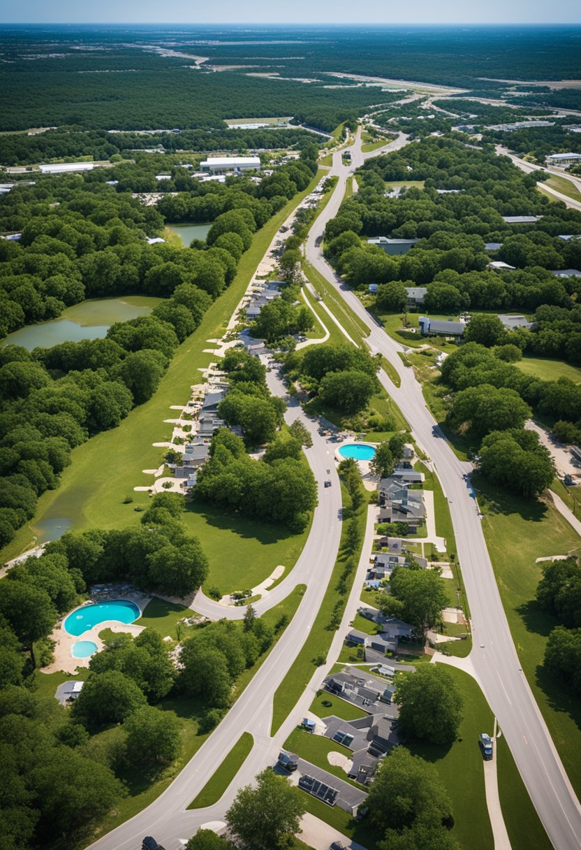 A sprawling RV park with lush greenery, paved roads, and modern amenities nestled under a clear blue sky along the I-35 in Waco