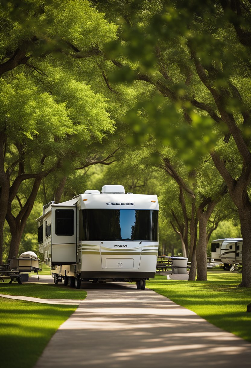 Lush green trees line the tranquil creek, with RVs parked in the shade. A swimming pool, playground, and picnic area provide on-site amenities for guests at Waco Creekside Resort