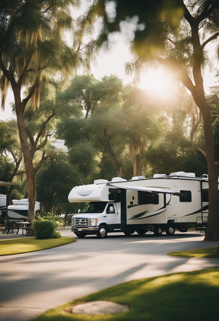 A serene RV park with lush greenery, spacious parking spots, and on-site amenities like a swimming pool, playground, and picnic areas