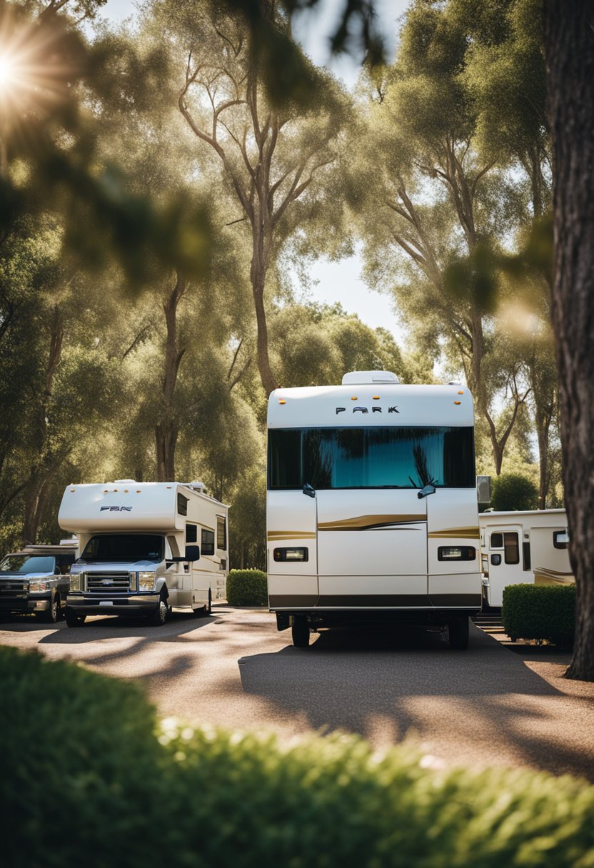 The RV park is nestled among tall trees, with colorful RVs parked in neat rows. A playground and picnic area are surrounded by lush greenery, and a sparkling swimming pool glistens in the sunlight