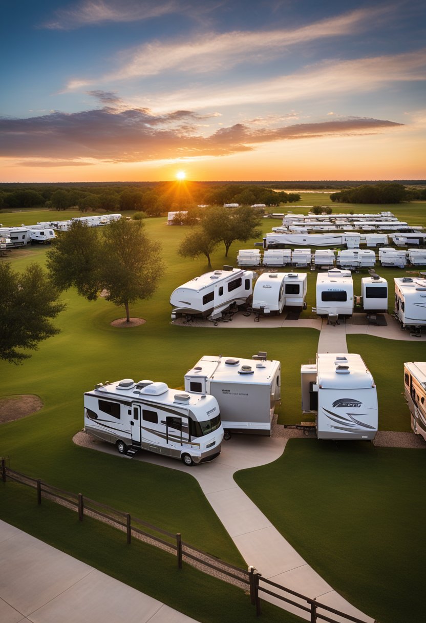 The sun sets behind rows of RVs at Flat Creek Farms RV Resort in Waco, Texas. Amenities, like a swimming pool and picnic area, are visible in the background