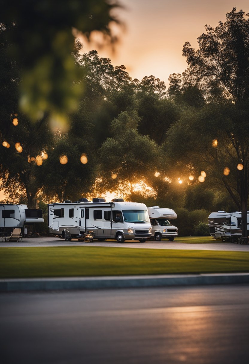 A peaceful RV park with lush greenery, spacious lots, and on-site amenities like a swimming pool and playground. The sun sets behind the rolling hills, casting a warm glow over the serene landscape