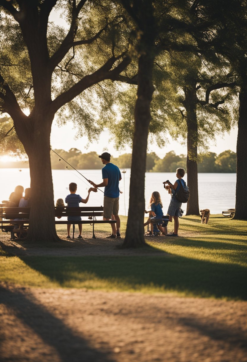 Families fishing at the lake, kids playing on the playground, and couples enjoying a picnic at the RV parks in Waco, TX