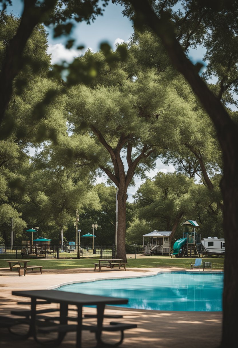 The RV park in Waco features a playground, picnic area, and swimming pool, surrounded by lush greenery and tall shade trees