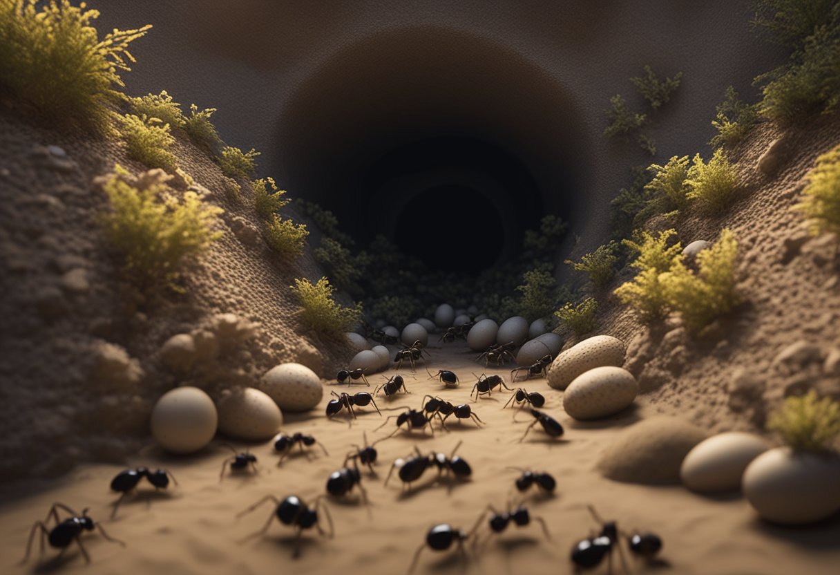 Ants build tunnels in a dirt habitat. Eggs hatch into larvae, then pupae, then adult ants. When the colony outgrows its space, they need a new habitat
