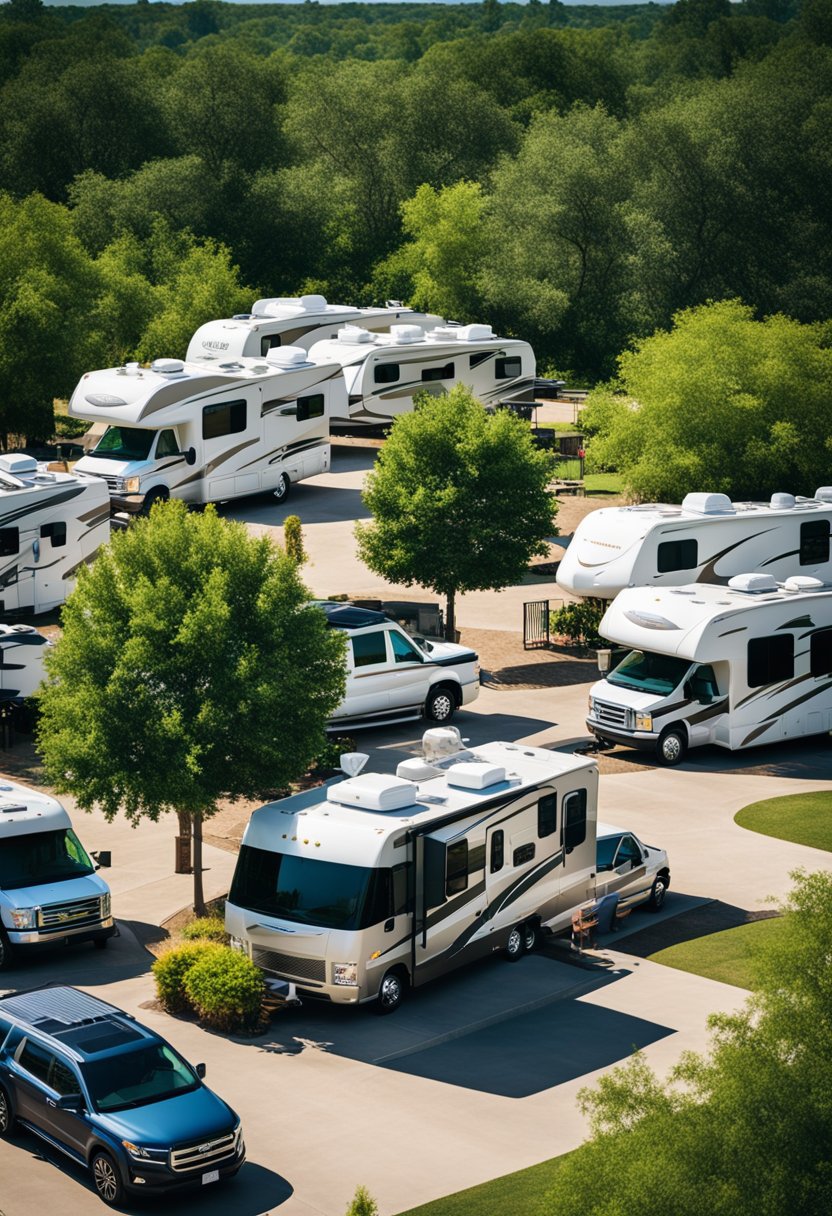 An RV park in Waco, Texas, with on-site amenities such as swimming pools, playgrounds, and picnic areas. The park is surrounded by lush greenery and has spacious parking spots for RVs
