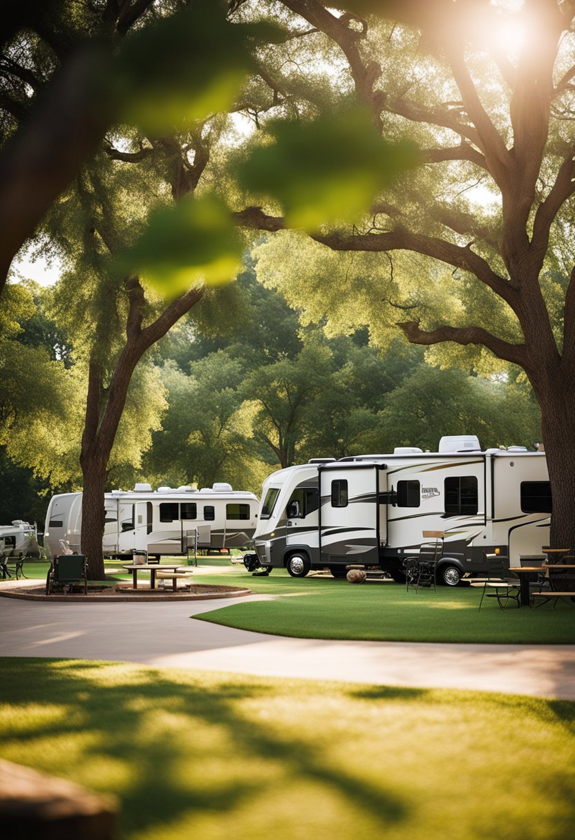 A sunny day at a Waco RV park, with a swimming pool, playground, and picnic area. Lush greenery and colorful RVs dot the landscape
