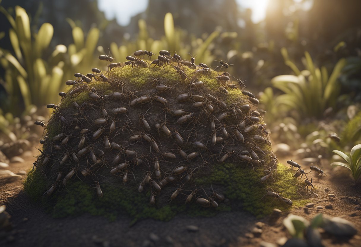Ants swarm around a crowded nest, searching for space. Some carry larvae, while others scout for a new home