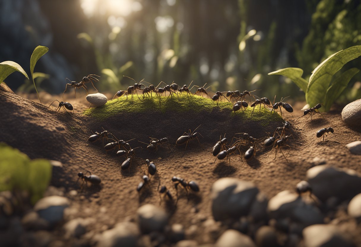 Ants gather around a crowded, old nest, searching for space. Some scout for a new, larger habitat, while others clean and maintain the current one