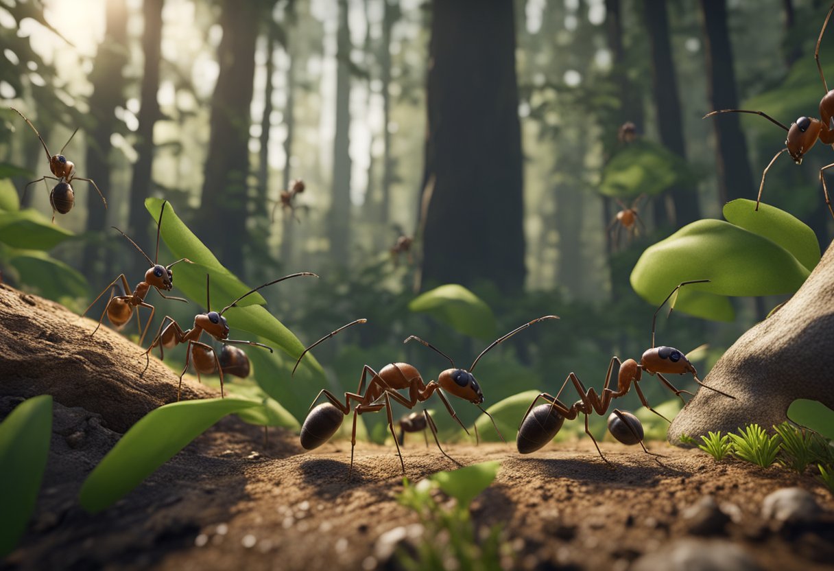 Ants foraging in a dense forest, searching for a new habitat. Some ants carrying food, while others inspect potential nesting sites