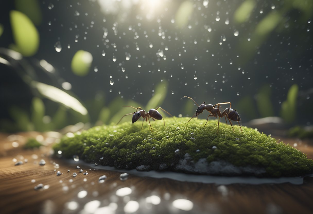 Ideal ant habitat humidity levels: 50-70%. Show ants in a comfortable, moist environment with visible water droplets and a humidifier