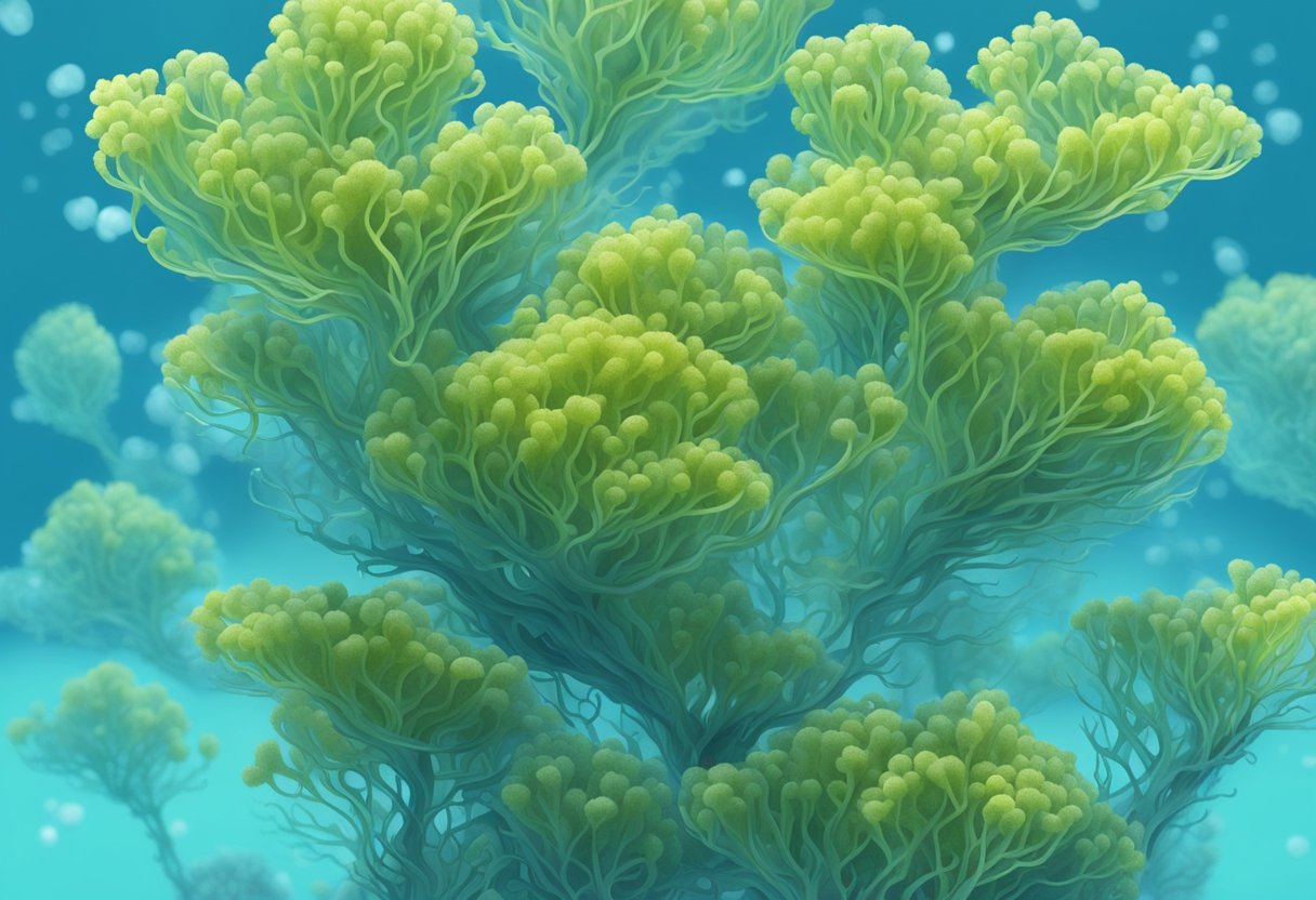 Sea moss floating in clear blue water, with biotin molecules visibly attached to its surface