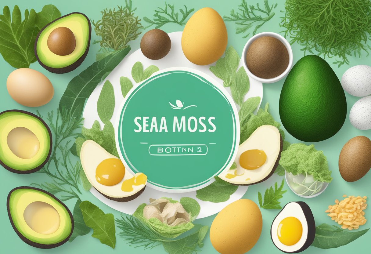 Sea moss surrounded by biotin-rich foods, like eggs and avocados, with a "Frequently Asked Questions" sign nearby
