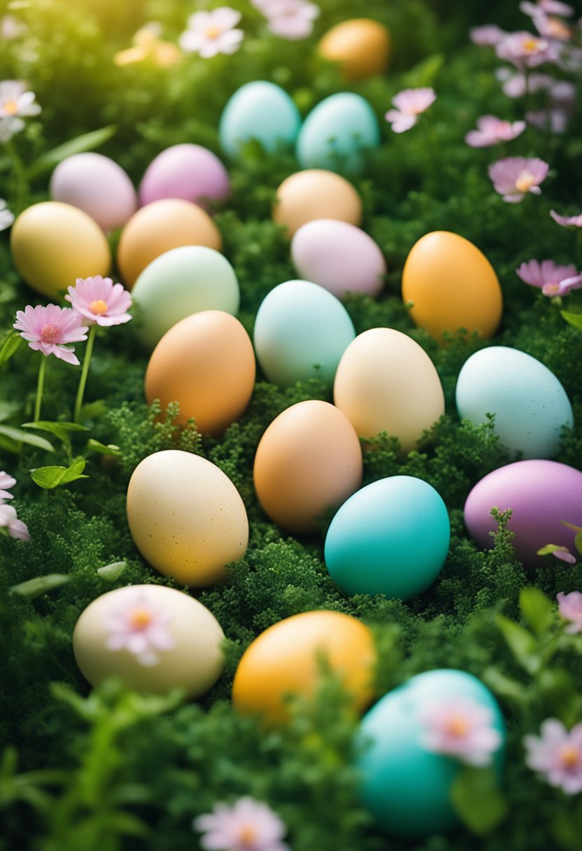 Colorful eggs scattered in a lush garden, surrounded by blooming flowers and greenery. A soft, warm light bathes the scene, creating a serene and inviting atmosphere