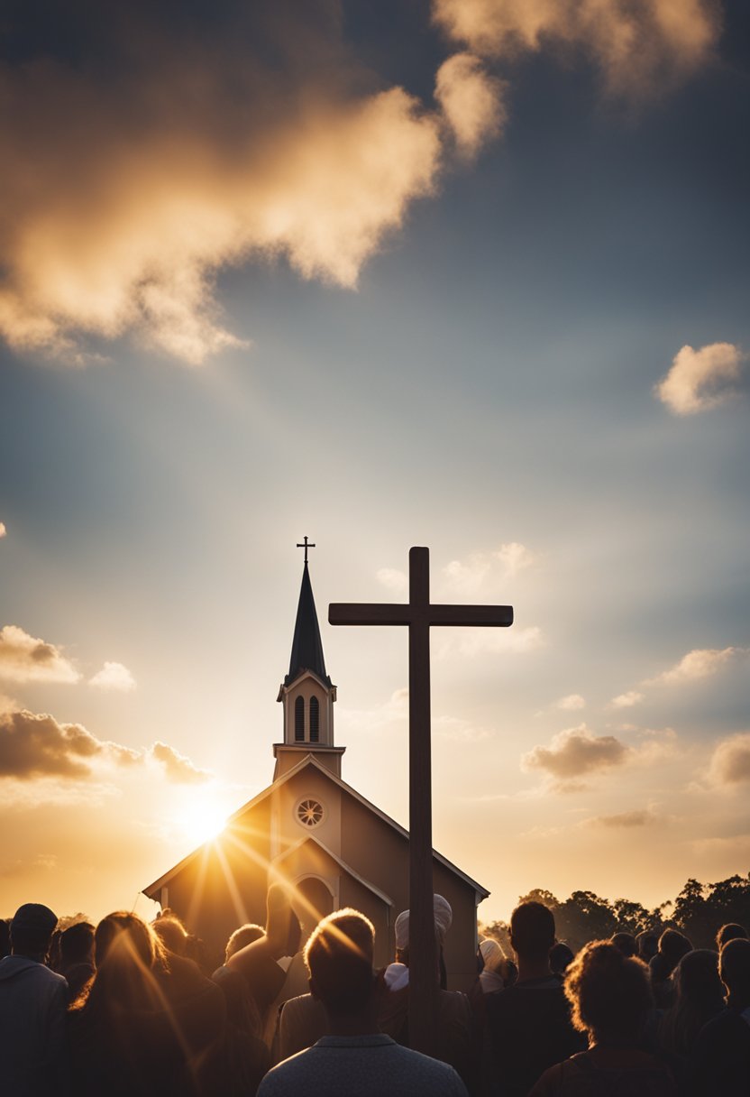 Sunrise illuminates a church with a cross on top. A crowd gathers outside, holding palm branches and singing hymns. The atmosphere is filled with anticipation and reverence