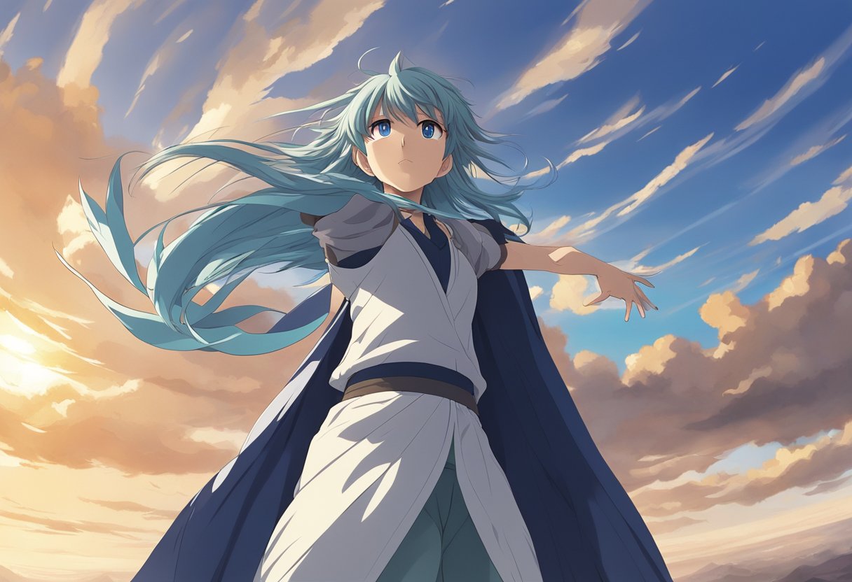 A figure stands tall, facing the horizon with arms outstretched. The wind blows through their hair as they strike a powerful and confident pose