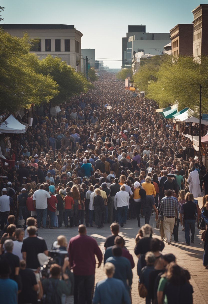 Crowds gather at Waco's city center, watching as religious processions and reenactments of the Passion of Christ take place. Colorful banners and somber music fill the air, creating a solemn and spiritual atmosphere