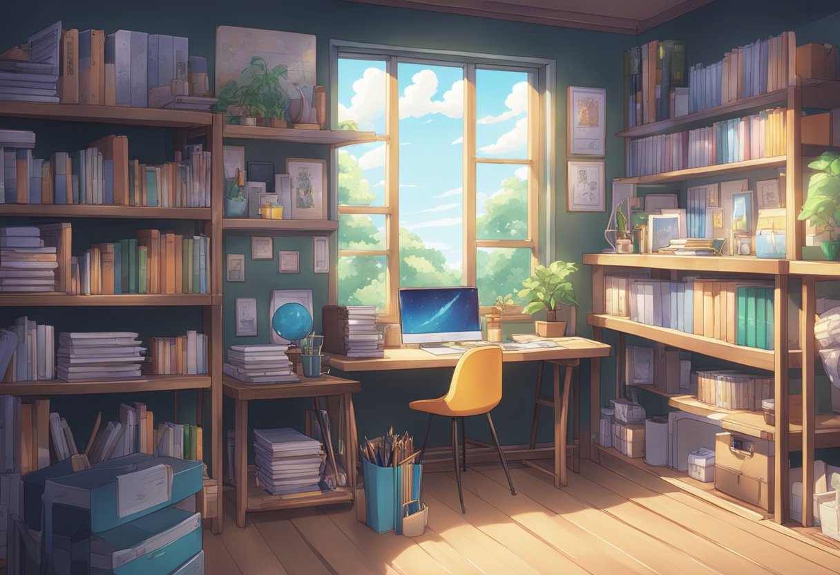 A well-lit room with shelves of books and art supplies, a comfortable chair, and a desk with a drawing pad and pencils