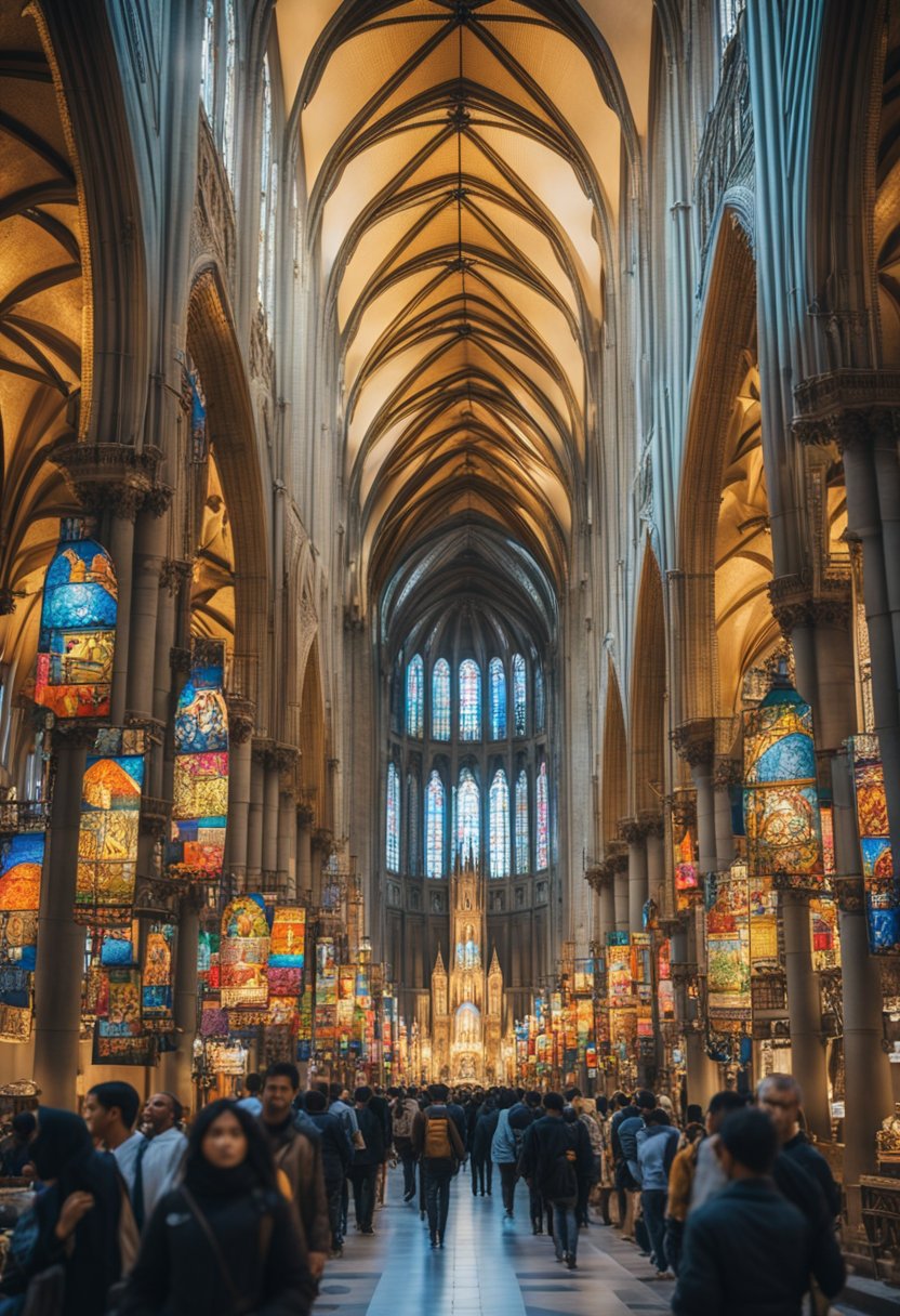 A crowded street, lined with colorful banners and religious symbols, leads to a grand cathedral adorned with intricate carvings and stained glass windows