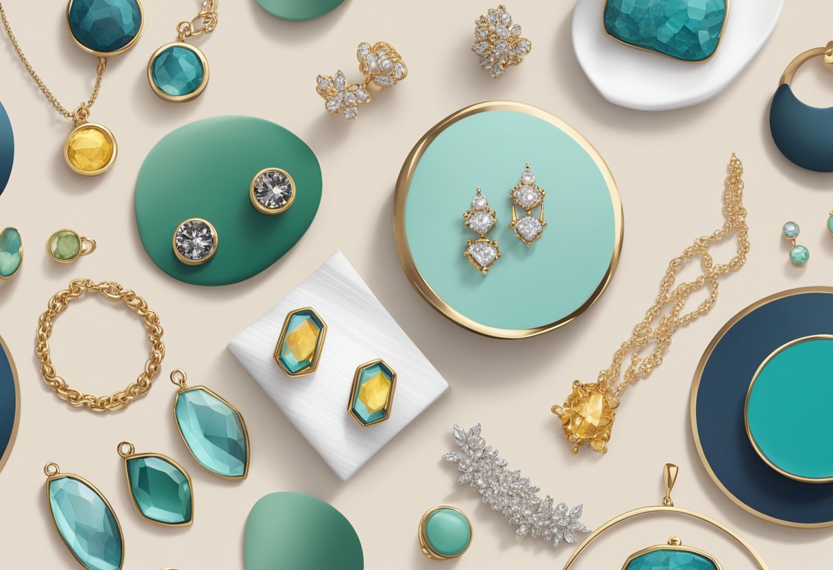 A table with neatly arranged jewelry pieces in a variety of styles and colors. A minimalist and curated selection that can mix and match effortlessly